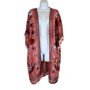 Unity World Wear Floral Boho Kimono Duster Cardigan Lace Trim Open Front Size L